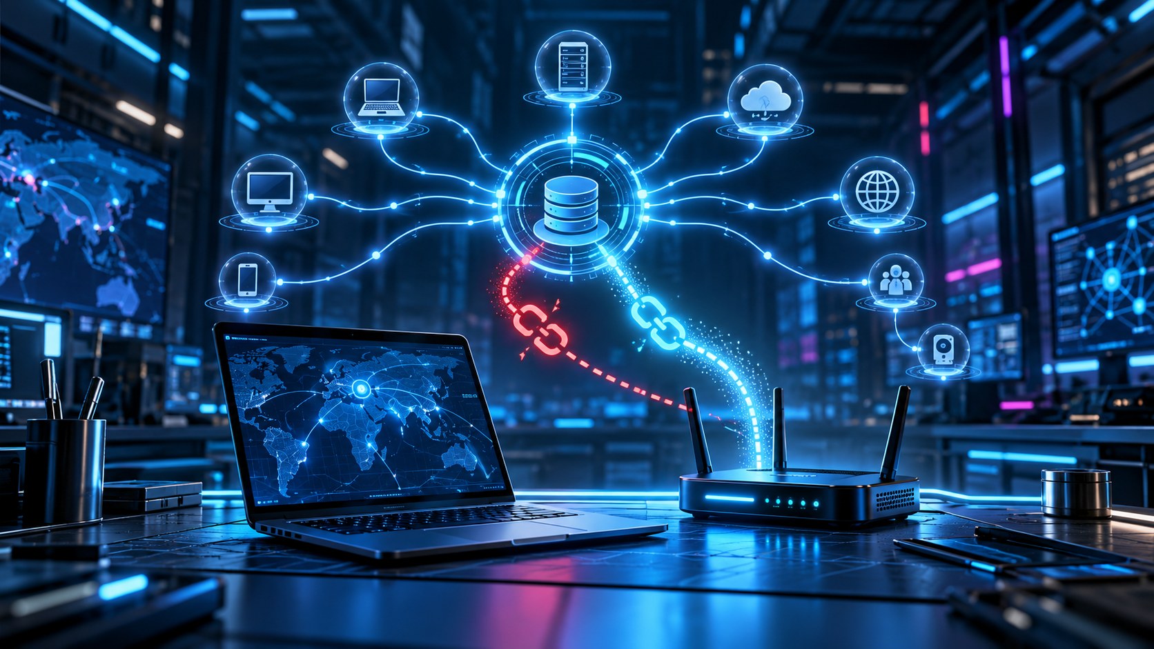 A laptop and router connected to a glowing network and resolver diagram.