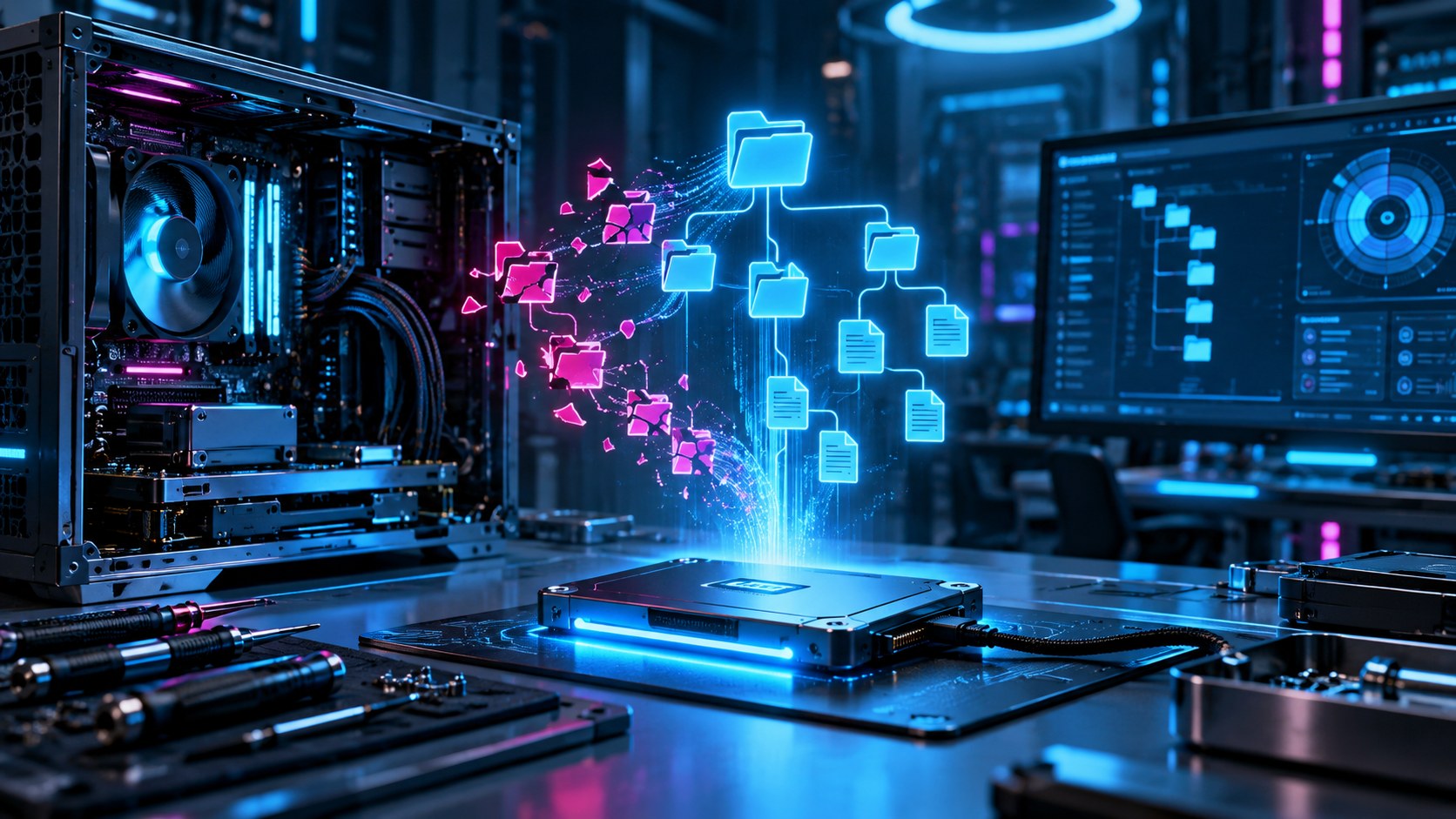 A storage drive projecting a filesystem tree being restored from damaged fragments.