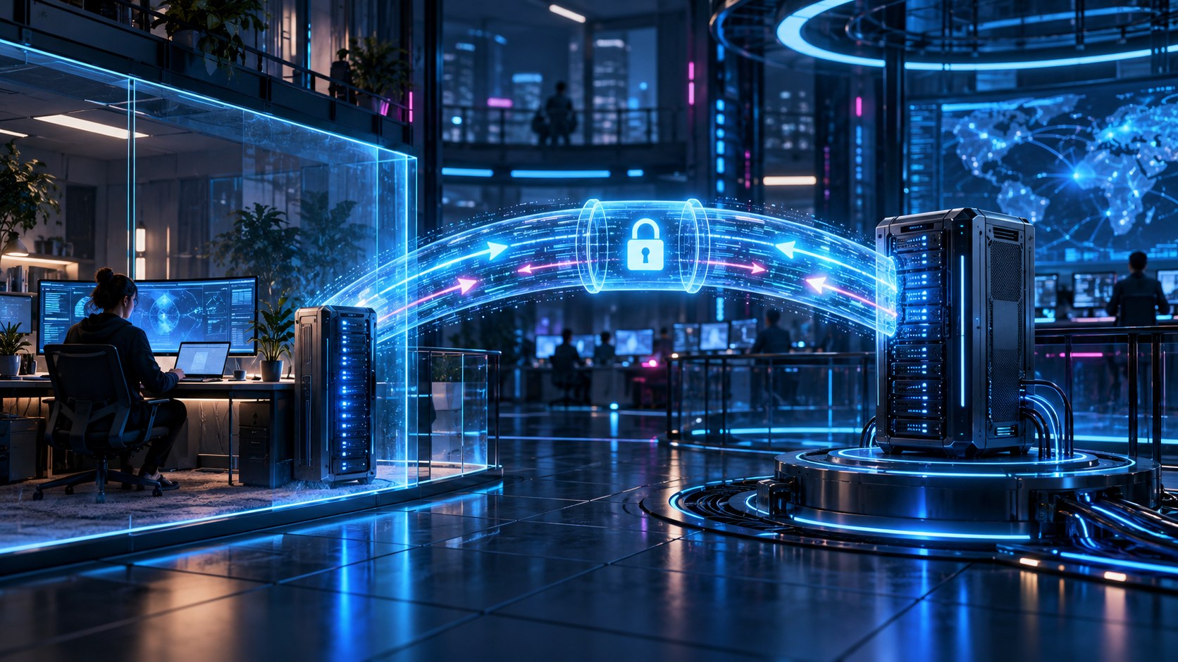 Two servers connected by a glowing encrypted tunnel across a private network boundary.